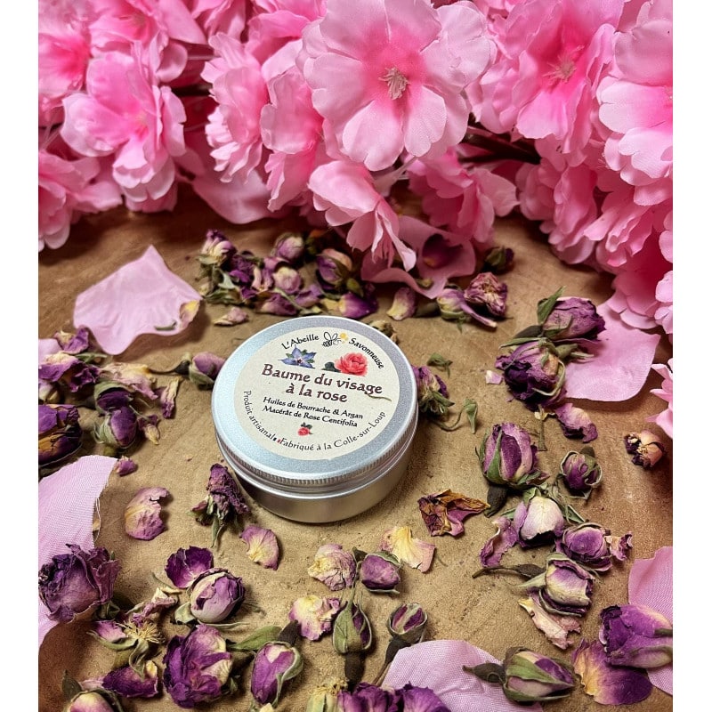 Baume du visage à la rose en pot fermé, décor de fleurs séchées - L'Abeille Savonneuse